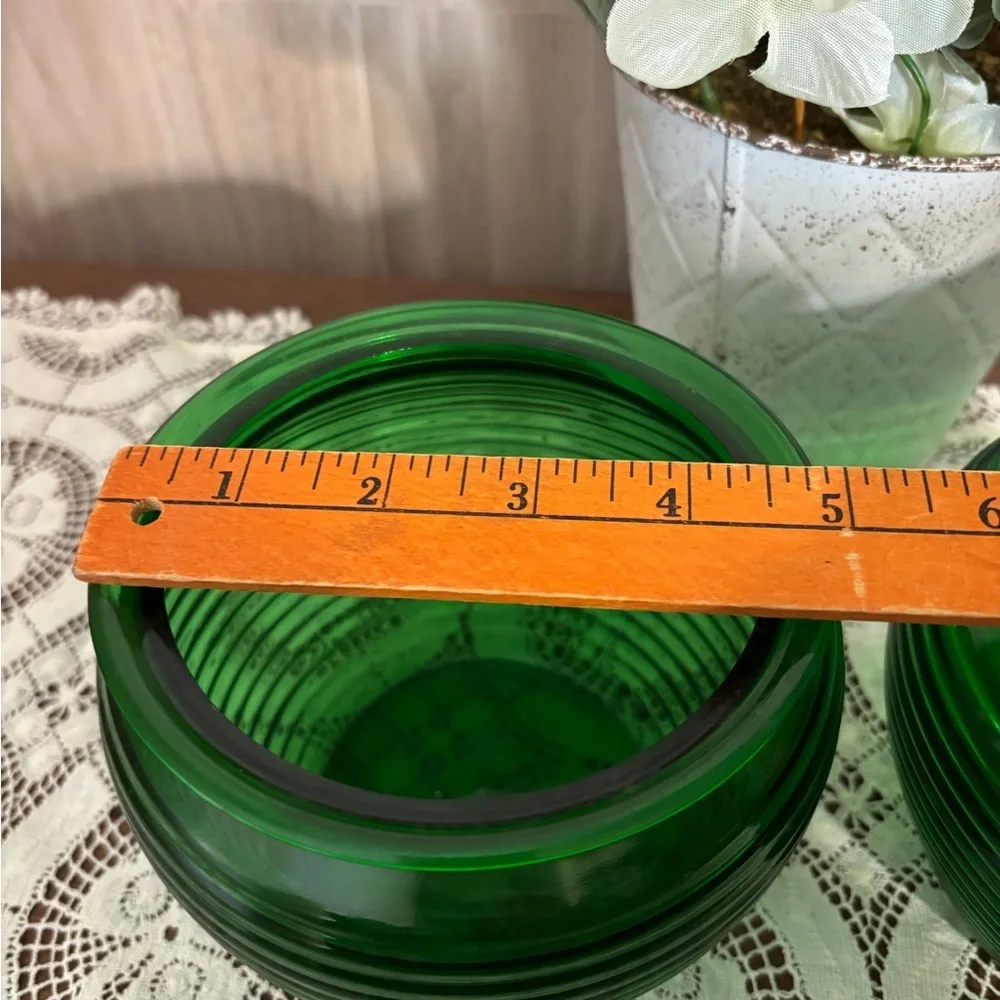 National Pottery Green Ribbed Beehive Pattern Glass Vase Duo Vintage Mid Century